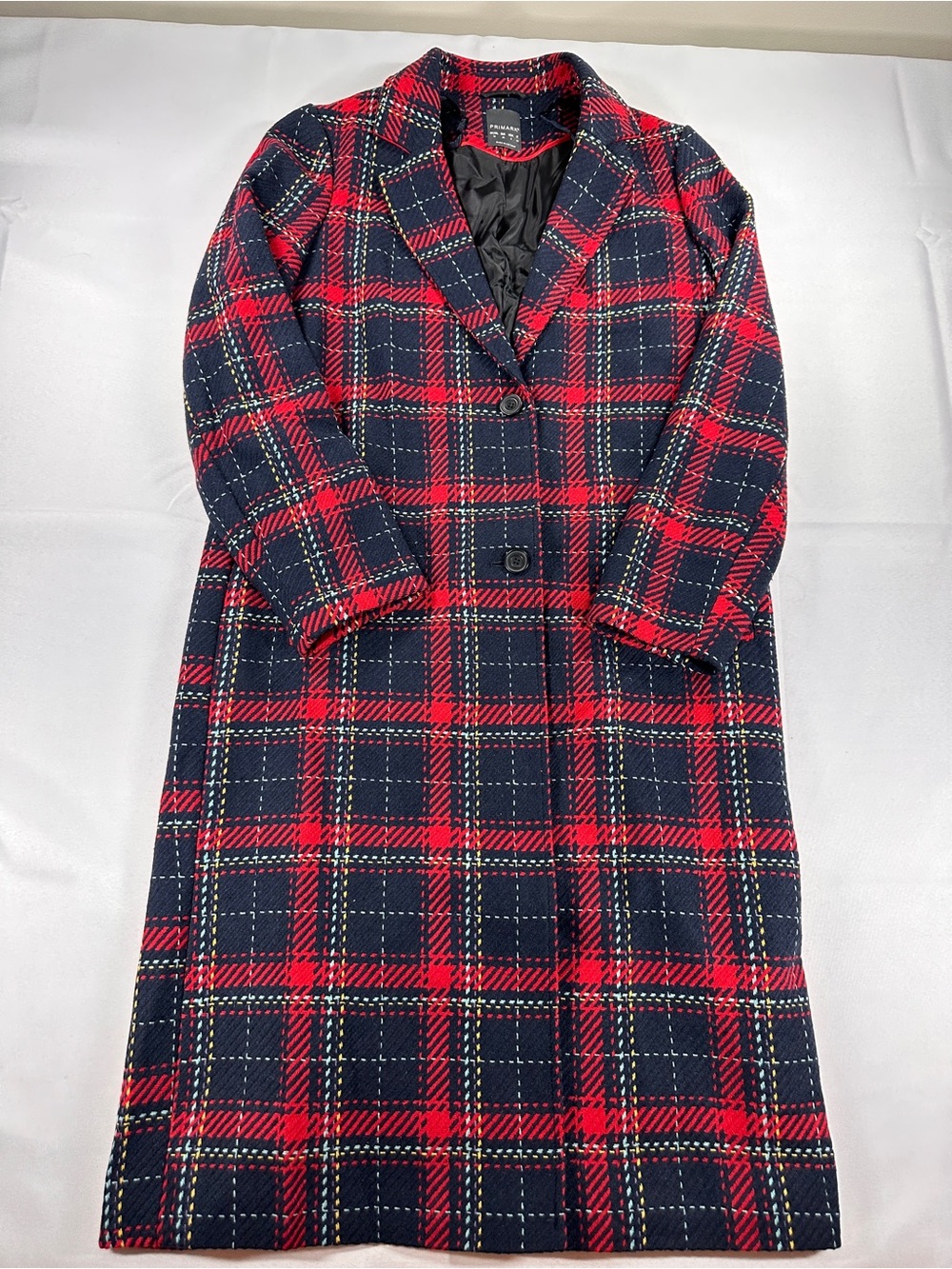 Primark Red Navy Tartan Plaid Long Coat Women’s US 8